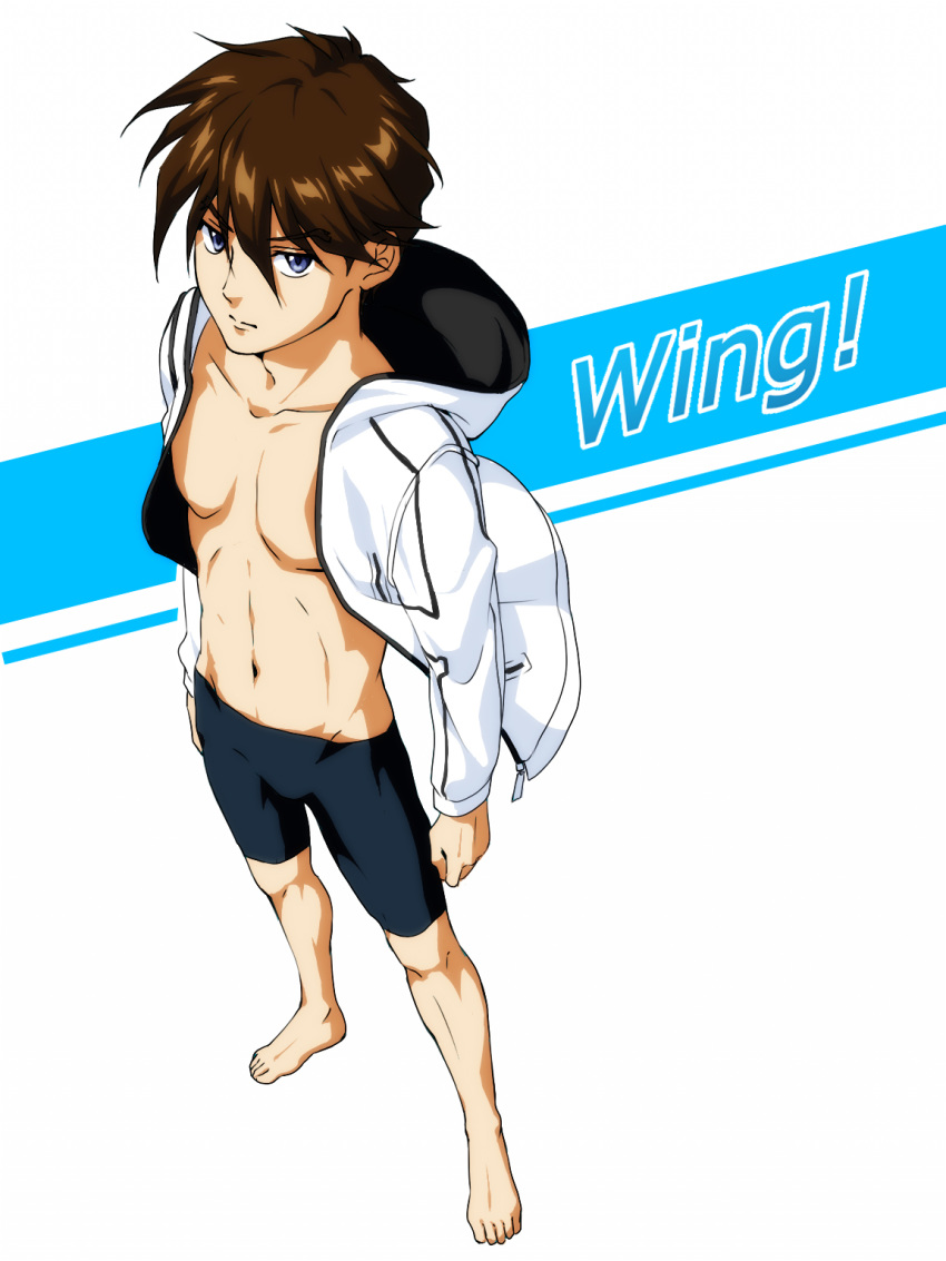 1boy barefoot blue_eyes brown_hair expressionless full_body gundam gundam_wing hair_between_eyes heero_yuy highres hood hoodie jammers looking_at_viewer male_focus open_clothes open_hoodie rei_(usabiba) short_hair simple_background solo swimming