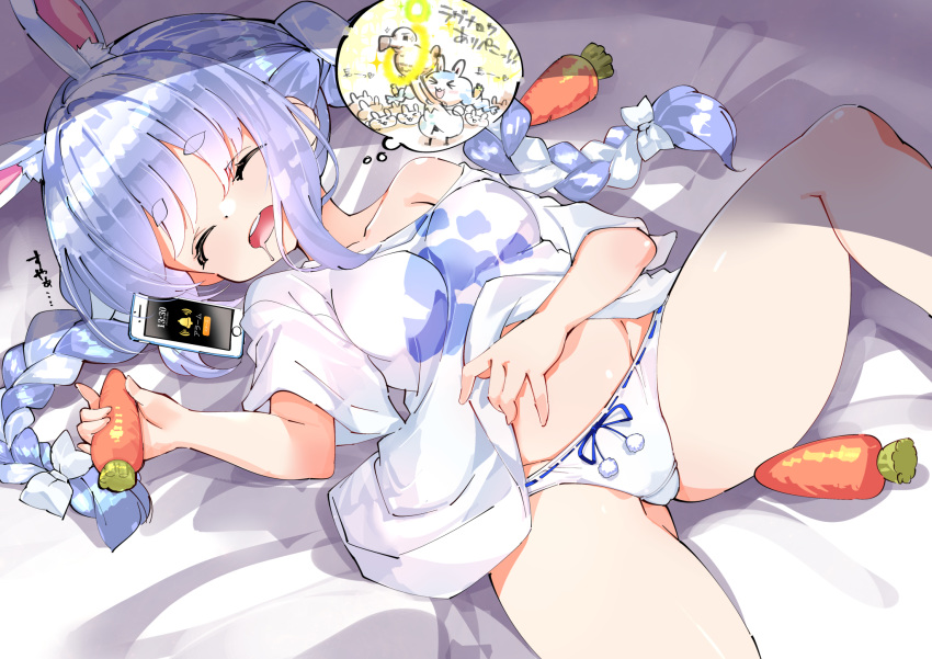 1girl animal_ears bangs bed_sheet blue_hair blush bow bow_panties braid breasts carrot cellphone closed_eyes commentary_request dreaming eyebrows_visible_through_hair facing_viewer feet_out_of_frame food fujishima-sei_ichi-gou hair_bow hand_on_own_stomach highres holding holding_food hololive long_hair lying medium_breasts mouth_drool multicolored_hair on_back open_mouth panties phone rabbit_ears saliva shirt shirt_lift short_eyebrows short_sleeves solo thick_eyebrows thought_bubble translated twin_braids twintails two-tone_hair underwear usada_pekora very_long_hair virtual_youtuber white_bow white_hair white_panties white_shirt