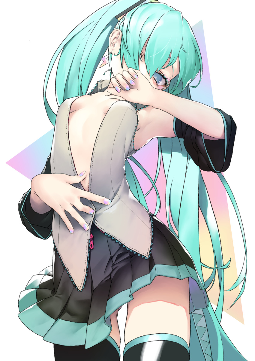 1girl bangs black_legwear black_skirt blue_eyes blush breasts detached_sleeves earrings eyeshadow grey_shirt hair_between_eyes hair_ornament hair_over_one_eye hatsune_miku highres jewelry long_hair makeup nail_polish open_clothes open_shirt rsk_(tbhono) shirt simple_background skirt sleeveless small_breasts solo thigh-highs twintails vocaloid zipper