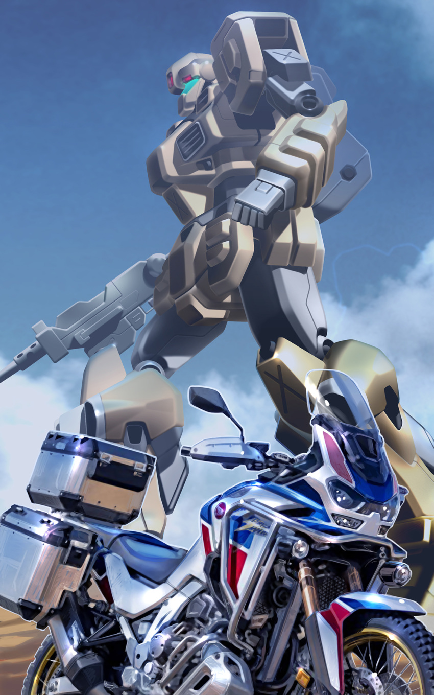 assault_rifle box clouds commentary commentary_request engine gm_(mobile_suit) ground_vehicle gun gundam highres k-kat lights machinery mecha mobile_suit mobile_suit_gundam motor_vehicle motorcycle realistic rifle science_fiction tire walking weapon