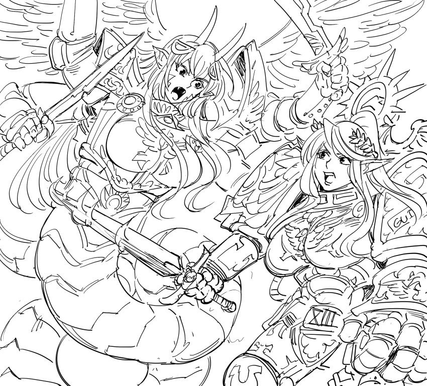 2girls armor bb_(baalbuddy) boobplate breastplate centaur centorea_shianus commentary cosplay crossover dual_wielding fangs fighting fulgrim fulgrim_(cosplay) gauntlets greyscale hair_ornament halo highres holding holding_sword holding_weapon horns lamia laurel_crown long_hair mechanical_halo miia_(monster_musume) monochrome monster_girl monster_musume_no_iru_nichijou multiple_girls open_mouth pauldrons pointy_ears roboute_guilliman roboute_guilliman_(cosplay) roman_numerals scales simple_background sword warhammer_40k weapon white_background wings