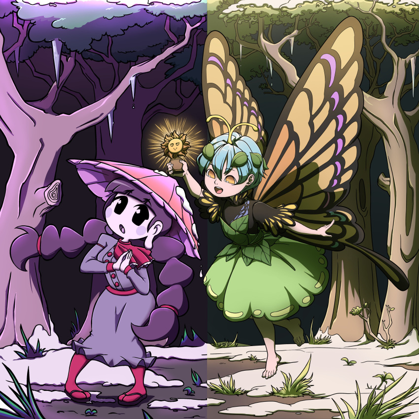 2girls absurdres ajirogasa antennae aqua_hair bangs barefoot black_hair blunt_bangs braid butterfly_wings collaboration dress earlobes eternity_larva feet forest green_skirt grey_dress hair_ornament hat highres icicle leaf leaf_hair_ornament long_sleeves mefomefo multiple_girls nature open_mouth pigeon-toed quariumarts red_legwear round_teeth sandals short_sleeves skirt snow standing teeth toenails toes touhou twin_braids twintails wings yatadera_narumi yellow_eyes