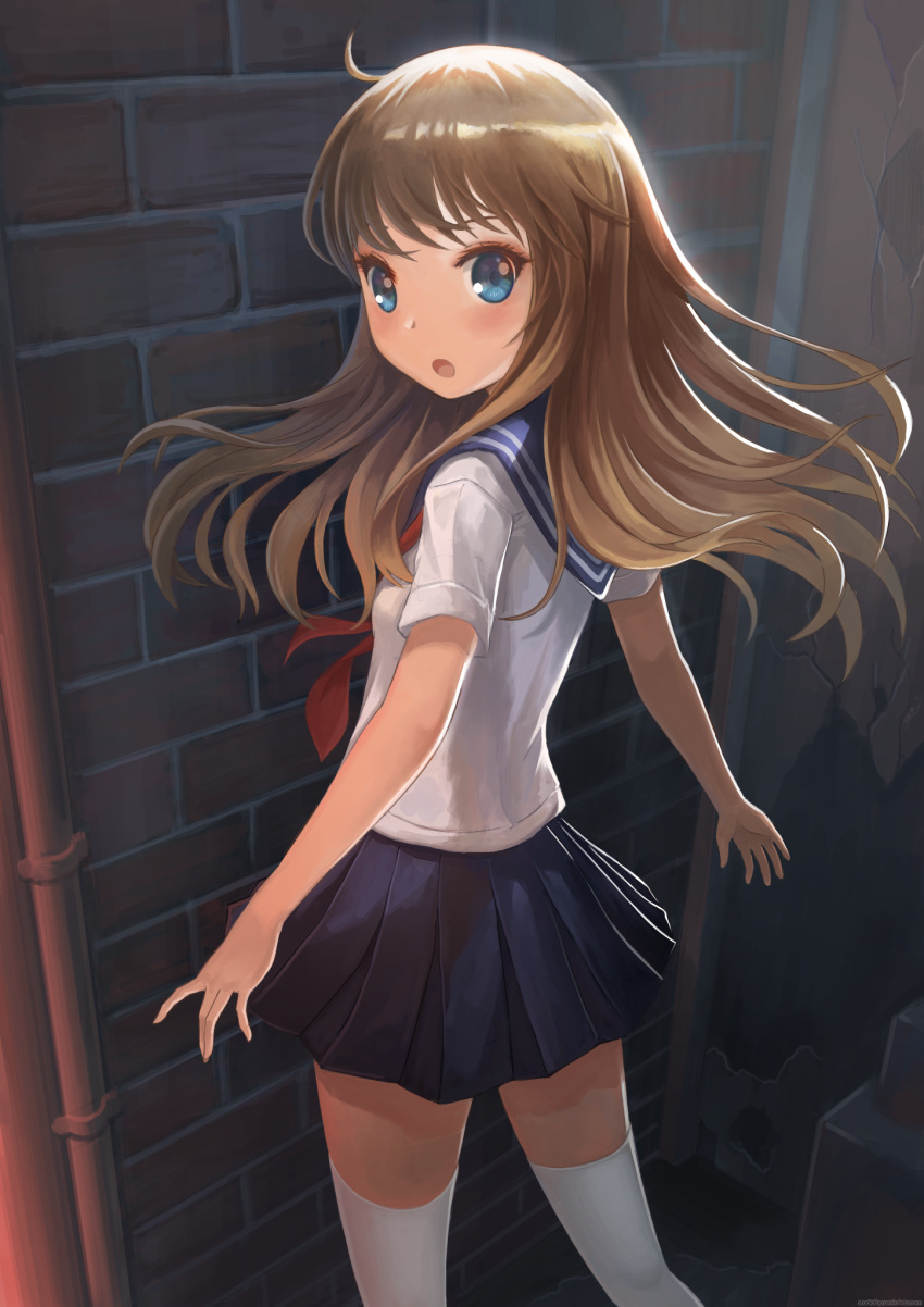 1girl alley blue_eyes blue_skirt brown_hair from_behind highres long_hair looking_back myungsoolim open_mouth original outdoors sailor_collar school_uniform serafuku shirt short_sleeves skirt solo thigh-highs white_legwear white_shirt zettai_ryouiki