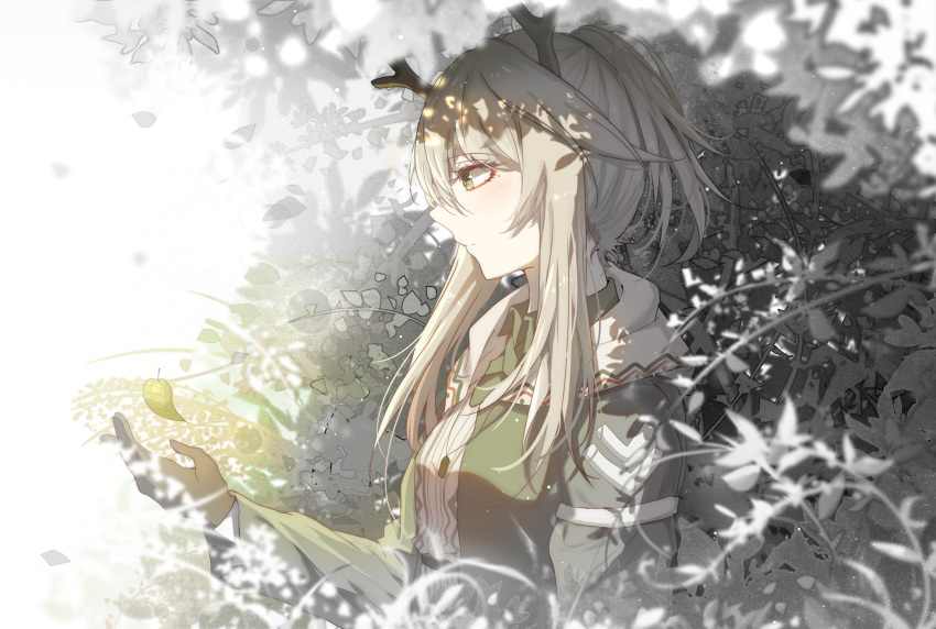 1girl antlers arknights bangs breasts collared_shirt firewatch_(arknights) from_side gloves grey_hair hair_between_eyes highres hood hood_down hoodie jewelry leaf lingmuqianyi long_hair long_sleeves looking_at_hand looking_at_object mole mole_under_eye necklace open_clothes open_hoodie outdoors plant ponytail profile reindeer_antlers reindeer_girl shirt sidelocks small_breasts