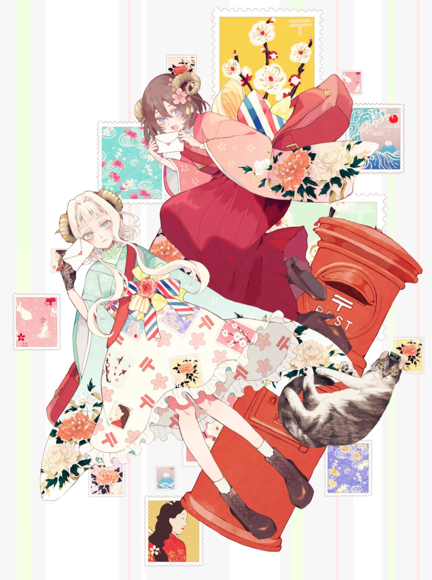 2girls :d blush boots bow brown_footwear brown_hair cat cherry_blossoms closed_mouth cross-laced_footwear curled_horns floating floral_print flower green_eyes hair_flower hair_ornament hakama haori high_heel_boots high_heels highres holding holding_letter japanese_clothes letter long_sleeves looking_at_viewer multicolored_bow multiple_girls open_mouth original pink_flower red_hakama satsuki_(miicat) smile socks violet_eyes white_hair white_legwear wide_sleeves