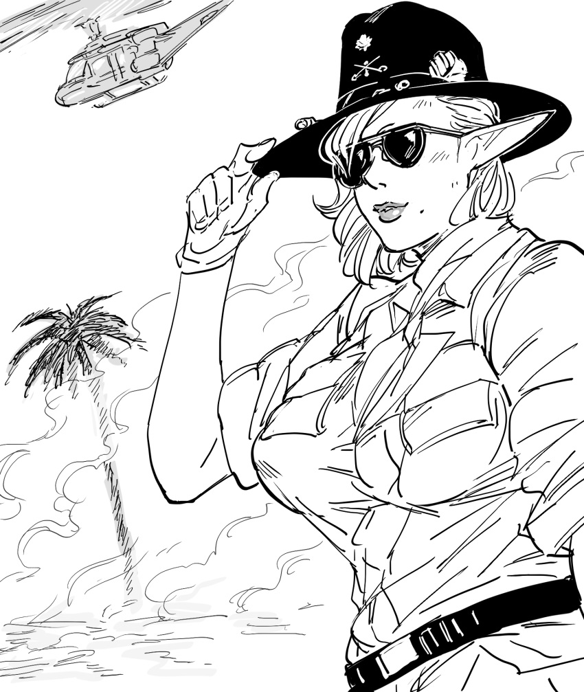 1girl aircraft bb_(baalbuddy) belt commentary cowboy_hat elf english_commentary gloves greyscale hand_on_headwear hand_up hat helicopter highres looking_at_viewer mole mole_under_mouth monochrome original pointy_ears shirt short_sleeves smile solo sunglasses