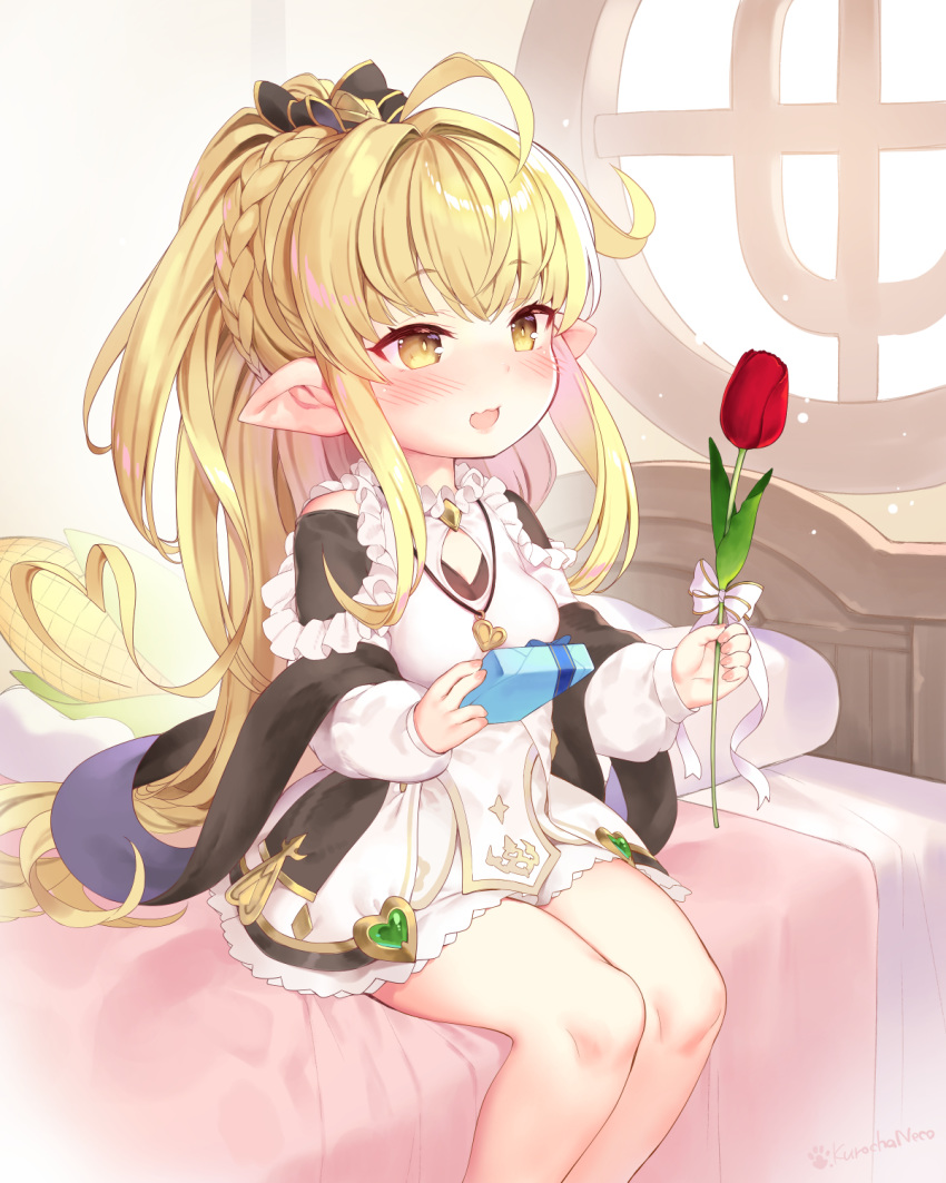 1girl absurdly_long_hair ahoge bare_legs bare_shoulders blonde_hair blush braid breasts cleavage_cutout commentary_request corn dress flower granblue_fantasy hair_ribbon harvin highres kuro_chairo_no_neko long_hair melissabelle on_bed open_mouth pointy_ears red_flower ribbon sidelocks signature sitting small_breasts smile solo stuffed_toy tied_hair tulip very_long_hair yellow_eyes