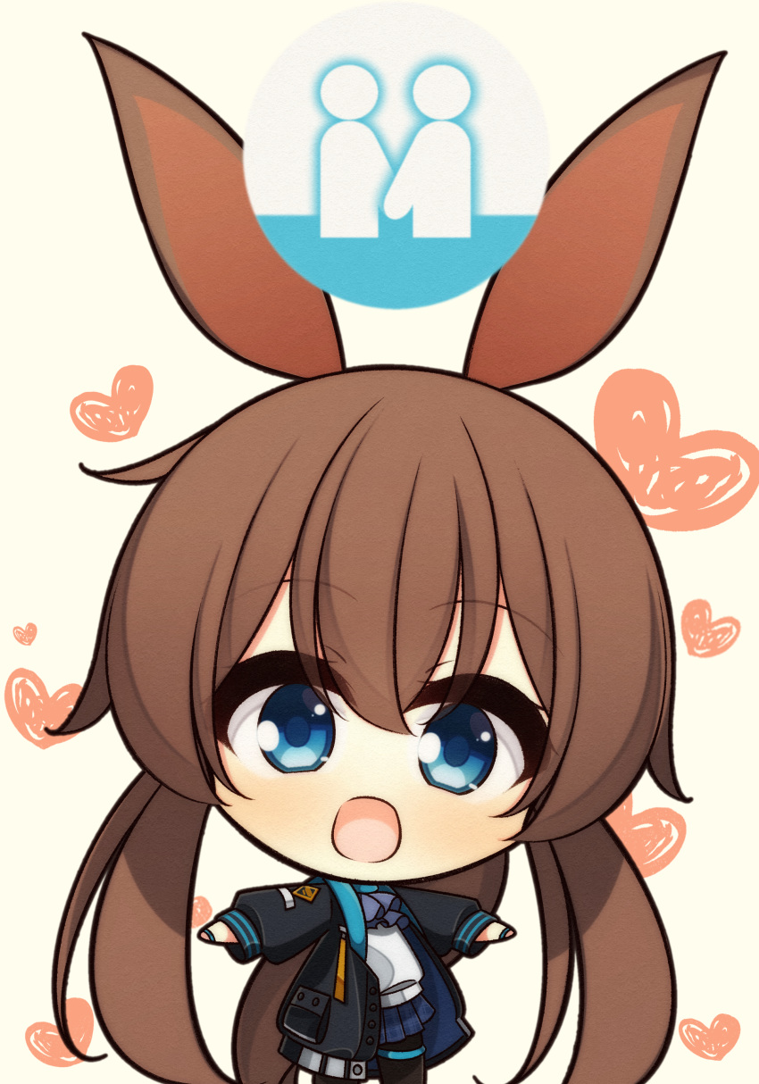 1girl 7:08 absurdres amiya_(arknights) animal_ears arknights bangs blue_eyes brown_hair chibi commentary_request eyebrows_visible_through_hair hair_between_eyes heart highres jacket long_hair long_sleeves looking_at_viewer open_clothes open_jacket open_mouth pantyhose rabbit_ears sidelocks simple_background solo standing yellow_background