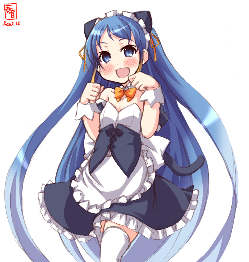 1girl alternate_costume animal_ears apron blue_eyes blue_hair blush bow cat_ears cat_tail dress eyebrows_visible_through_hair frills highres kanon_(kurogane_knights) kantai_collection long_hair looking_at_viewer maid maid_apron maid_headdress open_mouth paw_pose revision ribbon samidare_(kantai_collection) simple_background smile solo tail very_long_hair white_background