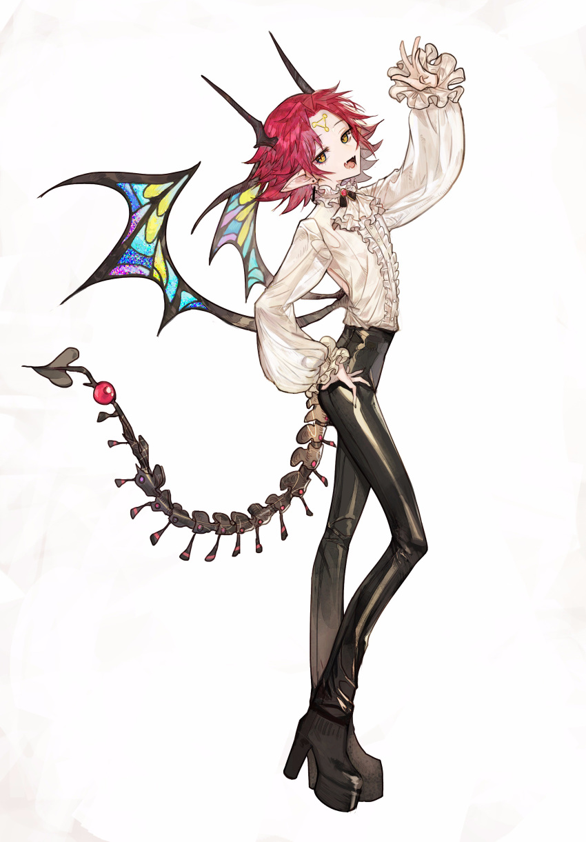:d absurdres ascot black_pants blouse boots copyright_request demon_tail demon_wings earrings fang from_side full_body hand_on_hip hand_up head_tilt high_heel_boots high_heels highres horns jewelry long_sleeves looking_at_viewer looking_to_the_side low_wings open_mouth pants pointy_ears redhead rosette_(yankaixuan) short_hair simple_background skin_tight smile tail white_background white_blouse white_neckwear wings yellow_eyes