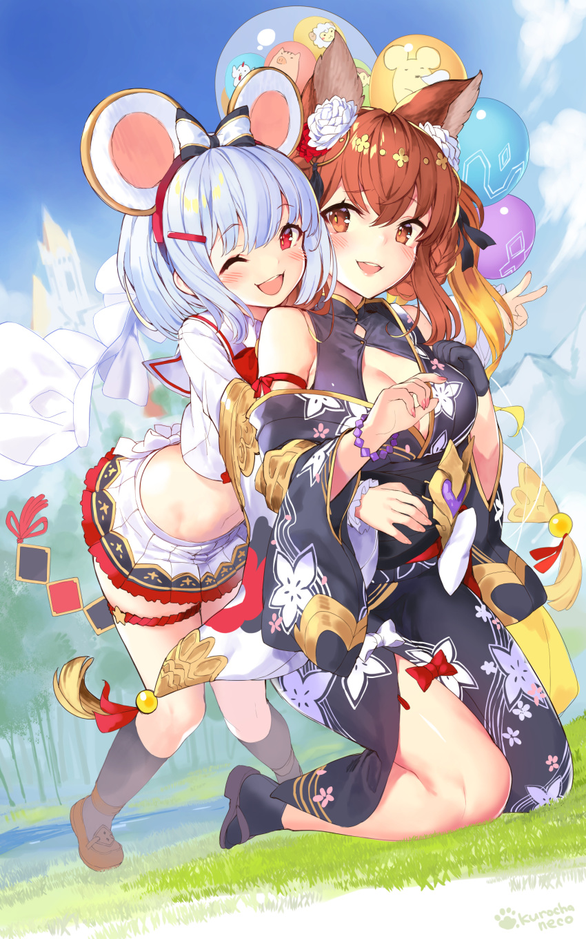2girls :d ;d absurdres animal_ears anthuria artist_name balloon bangs black_gloves black_kimono blue_hair blue_sky blush breasts brown_eyes brown_hair cleavage_cutout clouds commentary_request crop_top day erune eyebrows_visible_through_hair flower gloves granblue_fantasy grass hair_flower hair_ornament highres japanese_clothes kimono kneeling kuro_chairo_no_neko looking_at_viewer medium_breasts midriff miniskirt multiple_girls navel one_eye_closed open_mouth outdoors pleated_skirt rat_ears red_eyes rose shoes short_hair single_glove skirt sky smile socks standing tabi teeth upper_teeth v vikala_(granblue_fantasy) white_flower white_rose white_skirt wide_sleeves