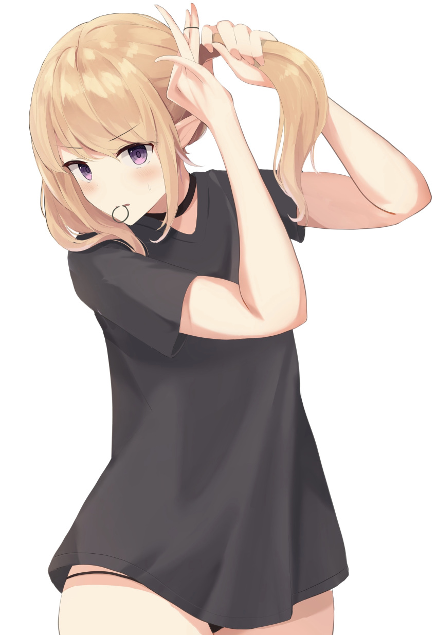 1girl absurdres arms_up bangs black_choker black_panties black_shirt blonde_hair blush chloe_(princess_connect) choker commentary_request eyebrows_visible_through_hair hair_tie hair_tie_in_mouth highres mizu_(lzzrwi603) mouth_hold no_pants panties parted_lips princess_connect! princess_connect!_re:dive shirt short_sleeves simple_background solo sweat twintails tying_hair underwear violet_eyes white_background