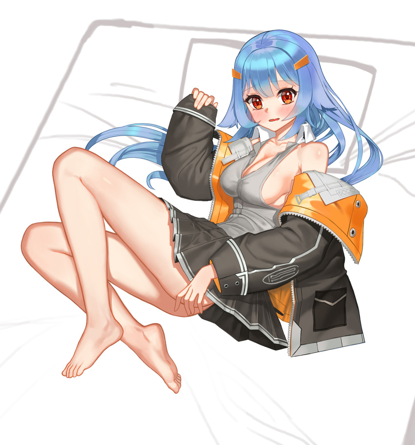 1girl blue_hair blush full_body hair_ornament hairclip highres jacket last_origin long_hair looking_at_viewer on_bed open_mouth pleated_skirt red_eyes skirt solo taktori tank_top x-00_tiamat