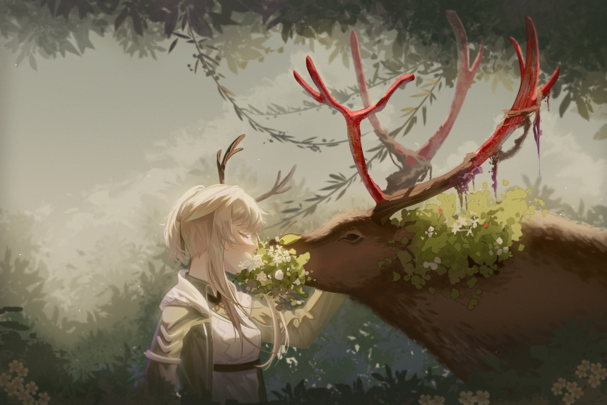 1girl animal antlers arknights autumn breasts bush chinese_commentary closed_eyes commentary_request firewatch_(arknights) flower hair_ribbon hand_on_another's_cheek hand_on_another's_face highres hood hood_down hoodie leaf leaf_background lingmuqianyi long_hair open_clothes open_hoodie outdoors platinum_blonde_hair ponytail reindeer reindeer_antlers reindeer_girl ribbon shedding sidelocks small_breasts tied_hair