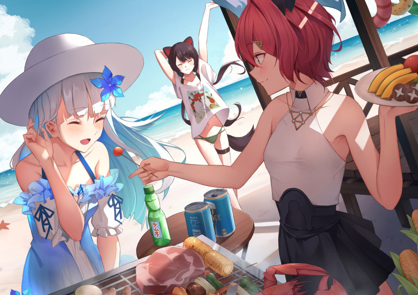3girls :3 ange_katrina animal_ears arm_behind_head arms_up bangs bare_shoulders beach beer_can bikini black_hair black_skirt blue_dress blue_eyes blue_hair blunt_bangs blush breasts can closed_eyes closed_mouth clouds collarbone commentary_request corn day detached_sleeves dog_ears dress dutch_angle eyebrows_visible_through_hair feeding flower food frilled_dress frills grill grilling hair_ornament hairclip hat heterochromia highres holding holding_plate horizon inui_toko kebab laces lize_helesta lobster long_hair looking_at_another multi-strapped_bikini multicolored_hair multiple_girls mushroom nijisanji ocean open_mouth outdoors plate pleated_skirt print_shirt ramune redhead shirt short_hair skewer skirt sleeveless sleeveless_shirt smile standing steak stretch sun_hat swimsuit t-shirt tail twintails two-tone_hair very_long_hair virtual_youtuber white_hair white_headwear yukiyama_momo