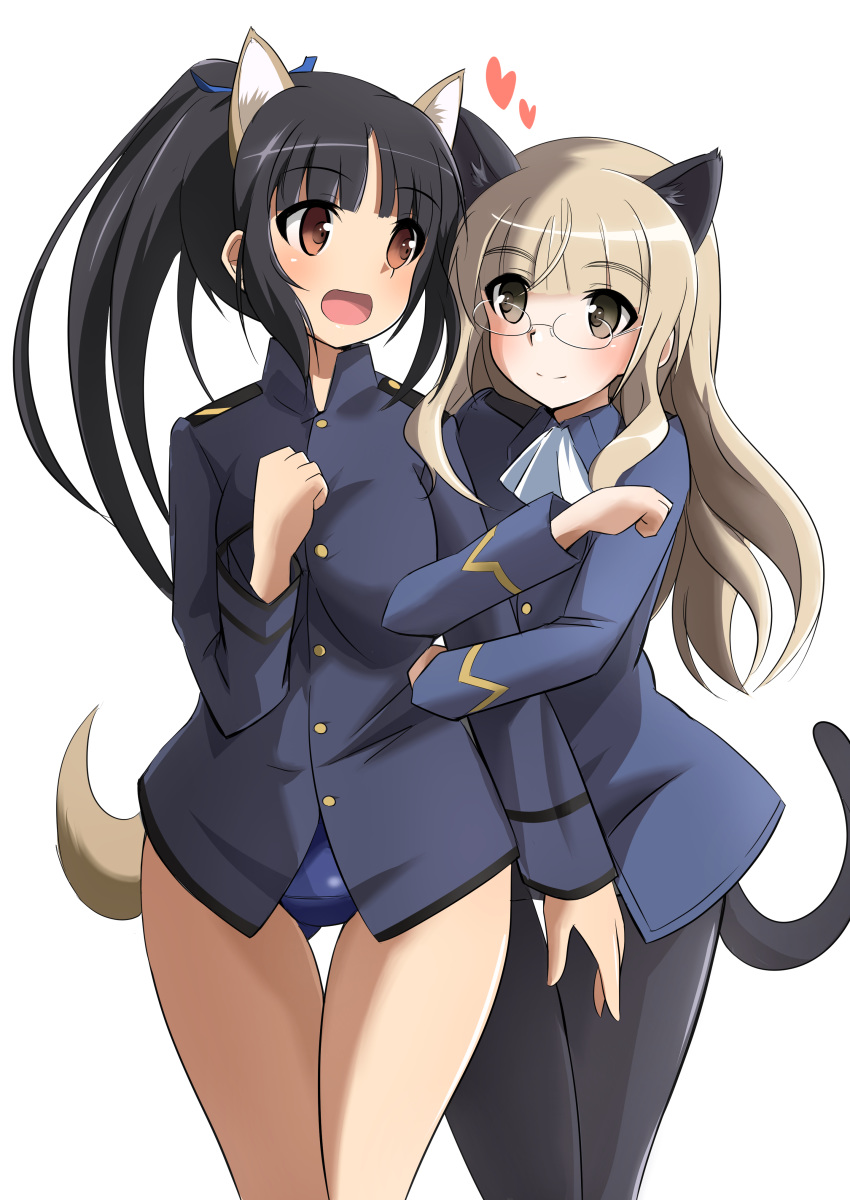 2girls absurdres animal_ears black_hair black_legwear blonde_hair blush breasts cat_ears cat_tail closed_mouth dog_ears dog_tail glasses hattori_shizuka heart highres long_hair looking_at_another military military_uniform multiple_girls neckerchief open_mouth pantyhose perrine_h_clostermann shiny shiny_hair shiny_skin simple_background small_breasts smile strike_witches swimsuit swimwear tail tricky_46 uniform white_background white_neckwear world_witches_series yellow_eyes yuri