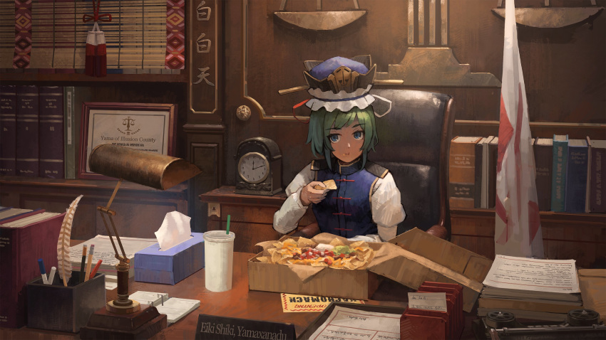 1girl absurdres bangs blue_eyes blue_headwear blue_vest book box chair character_name clock desk_lamp diploma eating epaulettes eyebrows_visible_through_hair feathers food frilled_hat frills green_hair hat highres holding holding_food indoors juliet_sleeves lamp long_sleeves looking_at_viewer mikado_(winters) nachos puffy_sleeves ribbon shiki_eiki shirt short_hair sitting solo tissue tissue_box touhou upper_body vest white_shirt