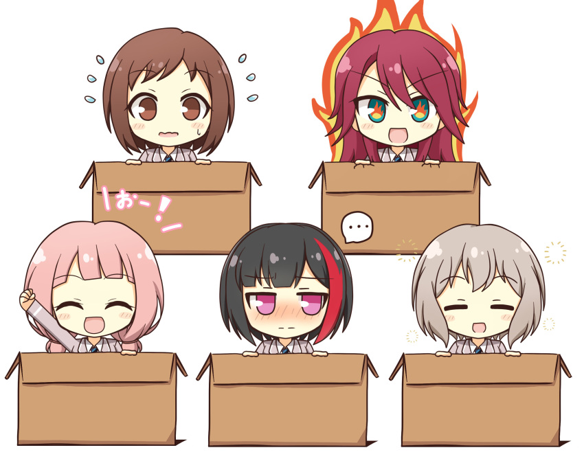 ... 5girls :d =_= ^_^ afterglow_(bang_dream!) aoba_moca aqua_eyes arm_up bang_dream! bangs black_hair blazer blue_neckwear blush blush_stickers bob_cut box brown_eyes brown_hair cardboard_box clenched_hand closed_eyes closed_mouth commentary_request eyebrows_visible_through_hair fire flying_sweatdrops grey_hair grey_jacket hair_between_eyes haneoka_school_uniform hazawa_tsugumi highres in_box in_container jacket jitome long_hair long_sleeves looking_at_viewer looking_away low_twintails mitake_ran multicolored_hair multiple_girls necktie nose_blush open_mouth pink_hair redhead school_uniform shirt short_hair sidelocks simple_background smile spoken_ellipsis streaked_hair striped striped_neckwear sweatdrop symbol-shaped_pupils teen_(teen629) twintails udagawa_tomoe uehara_himari upper_body violet_eyes wavy_mouth white_background white_shirt |d