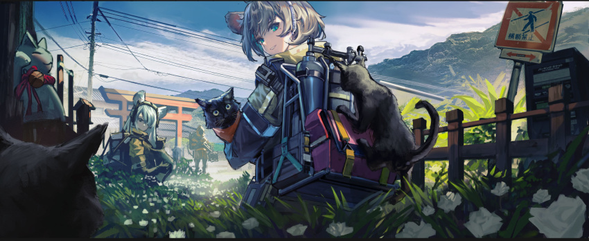 2girls animal_ears backpack bag birdhouse blue_eyes canister cat clouds cloudy_sky day directional_arrow doren fence flower gas_tank gloves grass grin headset highres holding holding_cat jacket looking_back maneki-neko mole mole_under_eye mountain multiple_cats multiple_girls original outdoors road_sign scenery short_hair sign silver_hair sky smile telephone_pole toolbox torii yellow_jacket