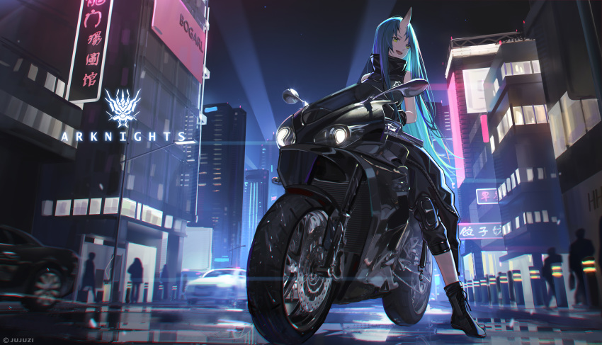 1girl :d absurdres arknights bangs bare_shoulders black_footwear black_jacket black_pants black_shirt boots car chinese_commentary city clothes_around_waist commentary_request copyright_name green_eyes green_hair ground_vehicle highres horn hoshiguma_(arknights) huge_filesize jacket jacket_around_waist long_hair looking_at_viewer motor_vehicle motorcycle night night_sky open_mouth pants shirt sky sleeveless sleeveless_shirt smile solo very_long_hair xtears_kitsune