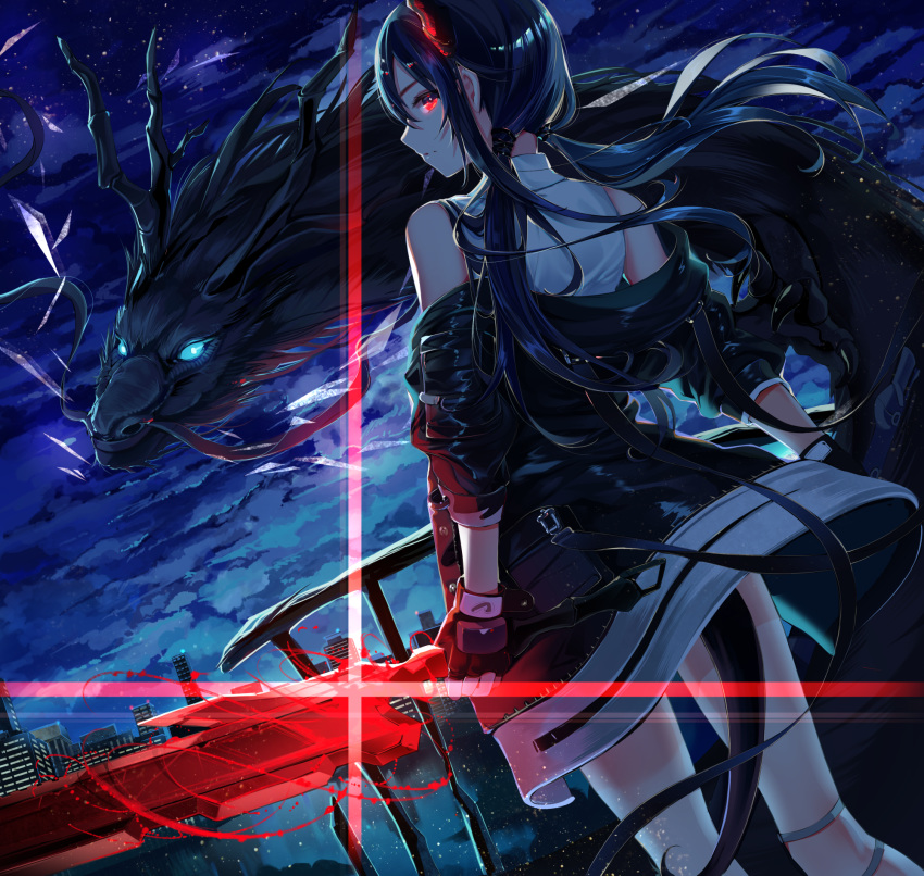 1girl arknights bangs bare_shoulders black_gloves black_jacket breasts ch'en_(arknights) commentary_request dragon dragon_tail ei_(tndusdldu) from_behind gloves highres holding holding_sword holding_weapon horns jacket long_hair looking_at_viewer outdoors red_eyes shirt sword tail weapon white_shirt