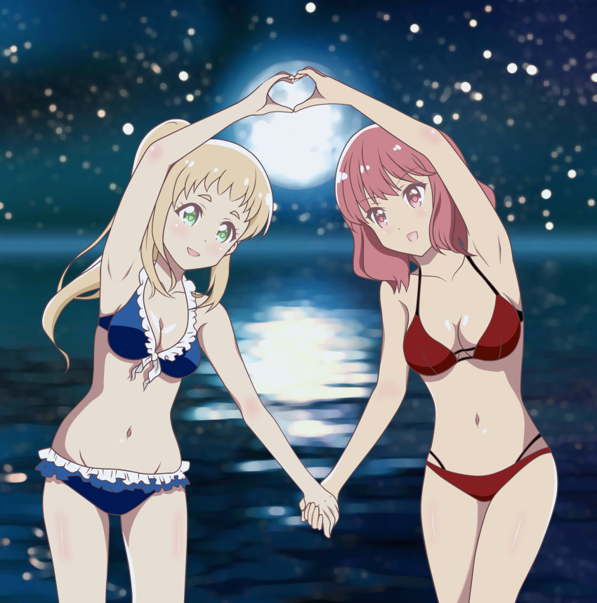 2girls :d absurdres achmad_faisal armpits bangs bare_legs bikini blonde_hair blue_bikini breasts collarbone cute dogakobo eyebrows_visible_through_hair finger_heart frilled_bikini frills green_eyes highres holding_hands inose_mai koisuru_asteroid medium_breasts moon multiple_girls navel night night_sky ocean open_mouth red_bikini red_eyes redhead sakurai_mikage sky smile standing summer swimsuit thick_eyebrows yuri