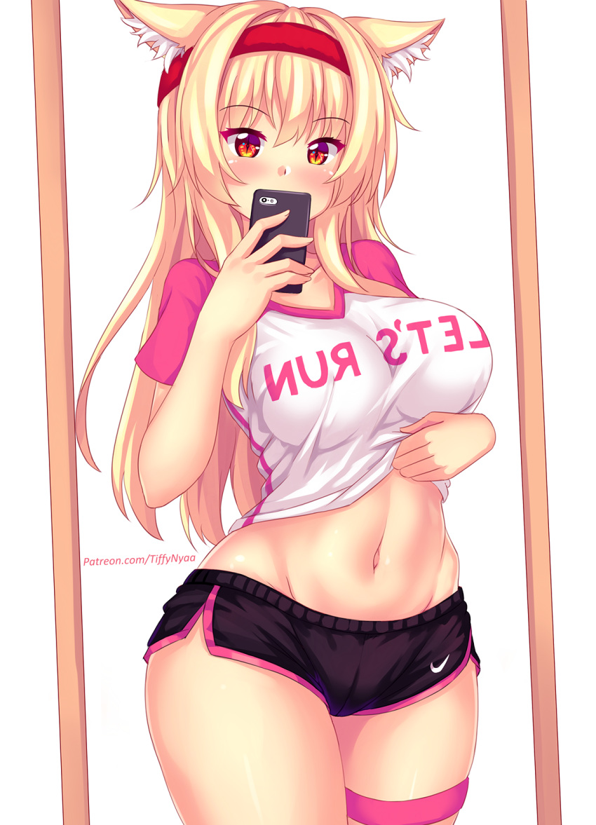 1girl animal_ear_fluff animal_ears bangs blonde_hair blush breasts cat_ears cellphone commentary english_commentary eyebrows_visible_through_hair fast-runner-2024 hair_between_eyes headband highres large_breasts long_hair mirror navel original patreon_username phone red_eyes reflection self_shot shirt_lift short_shorts shorts slit_pupils smartphone solo striped striped_legwear sweatband thigh-highs tiffy_(fast-runner-2024) watermark web_address white_background