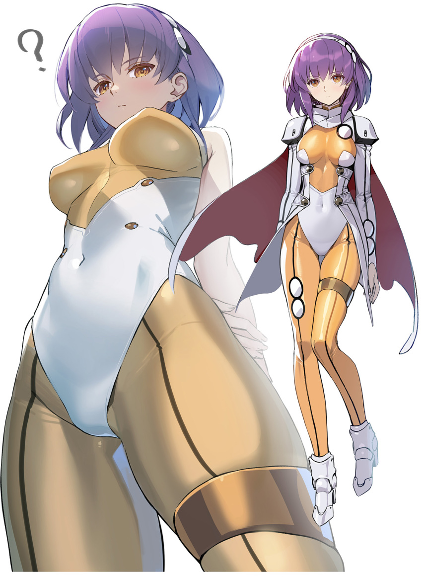 1girl ? arms_behind_back blush bodysuit breasts brown_eyes cape commentary_request contrapposto covered_navel covered_nipples cowboy_shot hairband highres impossible_bodysuit impossible_clothes lambda_(langrisser) langrisser langrisser_v looking_at_viewer medium_breasts medium_hair multiple_views purple_hair shoes siino simple_background standing thigh_gap white_background yellow_bodysuit