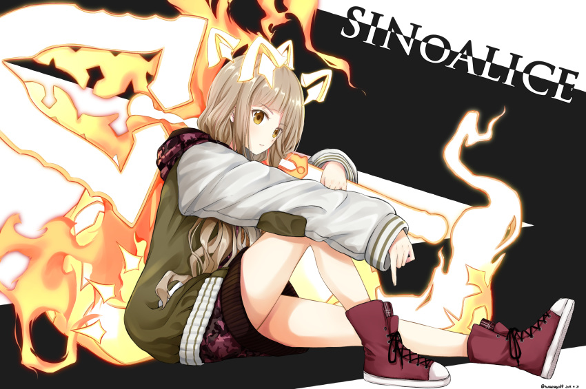 1girl absurdres animal_ears bangs bare_legs blonde_hair blunt_bangs brown_eyes converse copyright_name cross-laced_footwear dress expressionless fire from_side full_body glowing glowing_sword glowing_tail glowing_weapon highres holding holding_sword holding_weapon jacket laces little_red_riding_hood_(sinoalice) long_hair long_sleeves looking_at_viewer parted_lips red_footwear short_dress sidelocks sinoalice sitting solo sword tail tsunamayo_(flying_cat) wavy_hair weapon