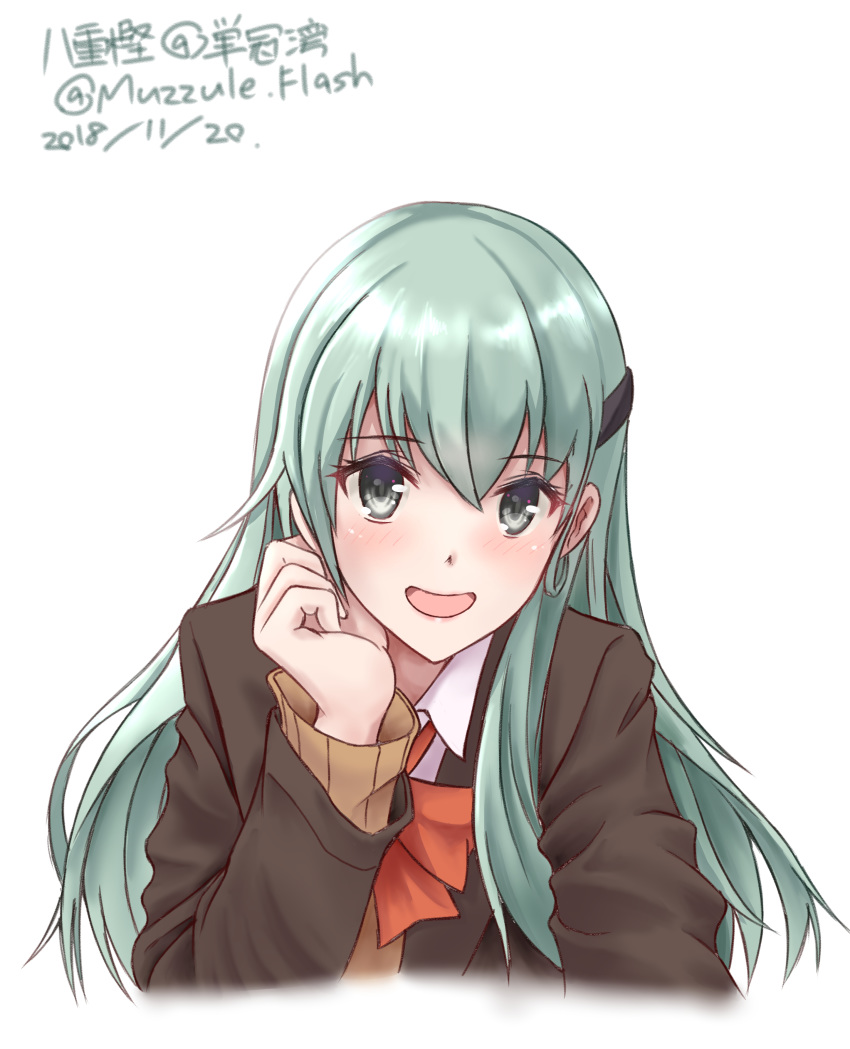 1girl absurdres aqua_eyes aqua_hair artist_name brown_jacket cardigan character_name dated hair_ornament hairclip highres jacket kantai_collection long_hair muzzuleflash open_cardigan open_clothes open_mouth remodel_(kantai_collection) school_uniform simple_background smile solo suzuya_(kantai_collection) twitter_username upper_body vest white_background
