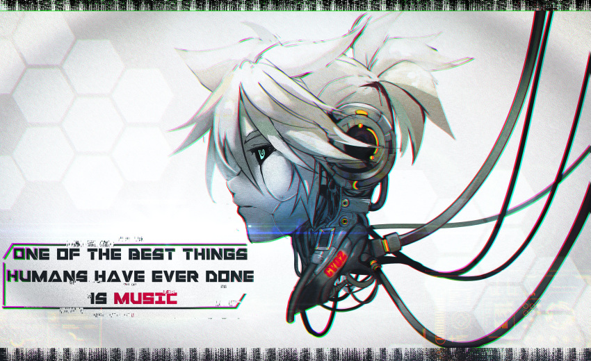 1boy absurdres android black_sclera cable commentary disembodied_head ei_flow english_commentary english_text expressionless from_side green_eyes half-closed_eyes head hexagon highres kagamine_len male_focus robot solo spiky_hair vocaloid white_hair white_skin