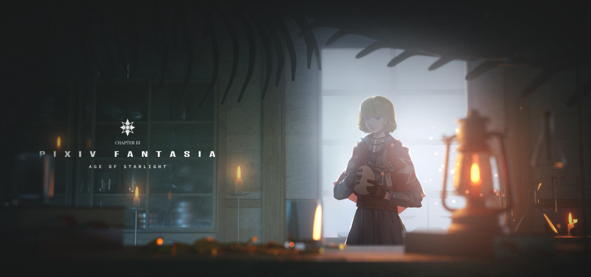 1girl absurdres baka_(mh6516620) blonde_hair blue_eyes blurry_foreground candle capelet english_text gloves highres looking_at_viewer pixiv_fantasia pixiv_fantasia_age_of_starlight short_hair skeleton solo standing window