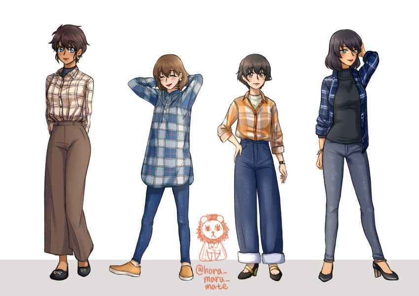 4girls absurdres arms_behind_head bangs black_footwear black_shirt blue_eyes blue_pants blue_shirt bob_cut bracelet brown_eyes brown_footwear brown_hair brown_pants brown_shirt casual closed_eyes closed_mouth commentary dark_skin denim earrings emblem eyebrows_visible_through_hair flannel flats freckles girls_und_panzer green_eyes grey_pants hand_in_hair hand_on_hip high-waist_pants high_heels highres hoop_earrings hora_maru_mate hoshino_(girls_und_panzer) jeans jewelry leopon_(animal) looking_at_viewer multiple_girls nakajima_(girls_und_panzer) no_socks open_clothes open_shirt orange_shirt pants pearl_earrings plaid plaid_shirt shirt short_hair smile standing stud_earrings suzuki_(girls_und_panzer) tsuchiya_(girls_und_panzer) turtleneck twitter_username untucked_shirt watch watch white_background white_shirt