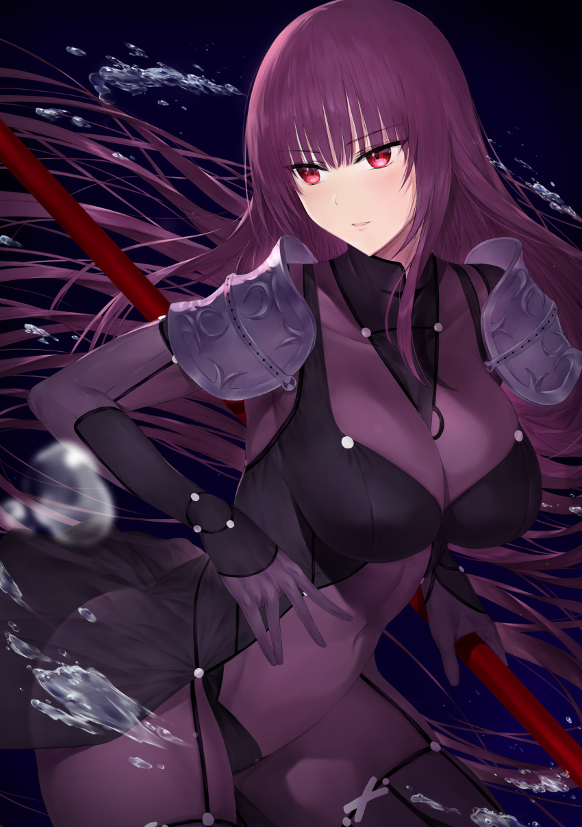 1girl akitaka_akita bangs blue_background blunt_bangs blush bodysuit breasts covered_navel cowboy_shot eyebrows_visible_through_hair fate/grand_order fate_(series) gae_bolg gloves gradient gradient_background highres holding holding_weapon impossible_bodysuit impossible_clothes large_breasts long_hair looking_away looking_to_the_side parted_lips pauldrons purple_bodysuit purple_gloves purple_hair red_eyes scathach_(fate)_(all) scathach_(fate/grand_order) shoulder_armor skin_tight smile solo straight_hair very_long_hair water weapon