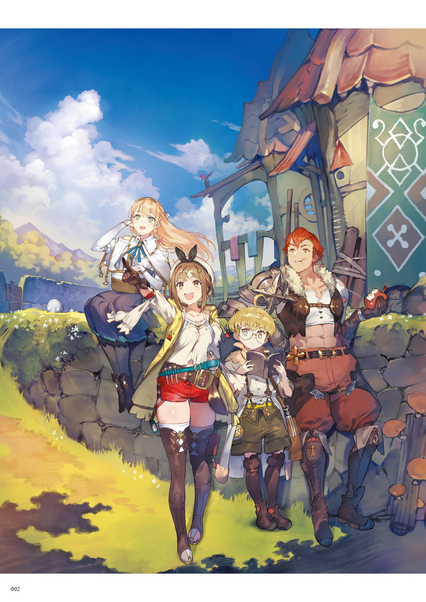 2boys 2girls :d :t abs ahoge apple atelier_(series) atelier_ryza bangs belt bird black_legwear blonde_hair blue_skirt blue_sky book boots braid brown_gloves brown_legwear capelet chain clock clouds collarbone day eating food fruit glasses gloves green_eyes green_shorts hair_ornament hairclip hat highres holding holding_book holding_food holding_fruit jewelry klaudia_valentz lent_marslink long_hair looking_away midriff multiple_boys multiple_girls navel official_art open_mouth outdoors pants pantyhose pointing red_pants red_shorts redhead reisalin_stout shirt short_shorts shorts single_braid single_glove sitting skirt sky smile standing tao_mongarten teeth thigh-highs thighs toe_ring toeless_boots toridamono upper_teeth wall white_headwear white_legwear white_shirt