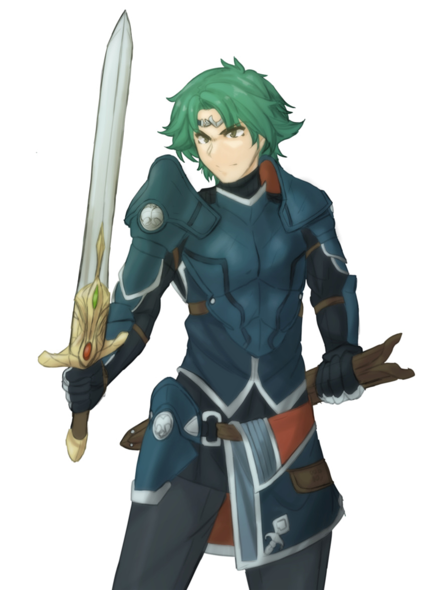 1boy alm_(fire_emblem) archived_source armor bangs breastplate brown_eyes closed_mouth collar crown determined faulds fighting_stance fire_emblem fire_emblem_echoes:_shadows_of_valentia fire_emblem_gaiden fire_emblem_heroes frown furrowed_eyebrows gauntlets gloves green_hair highres holding holding_sheath holding_sword holding_weapon parted_bangs pauldrons sheath shoulder_armor solo sword transparent_background tridisart weapon