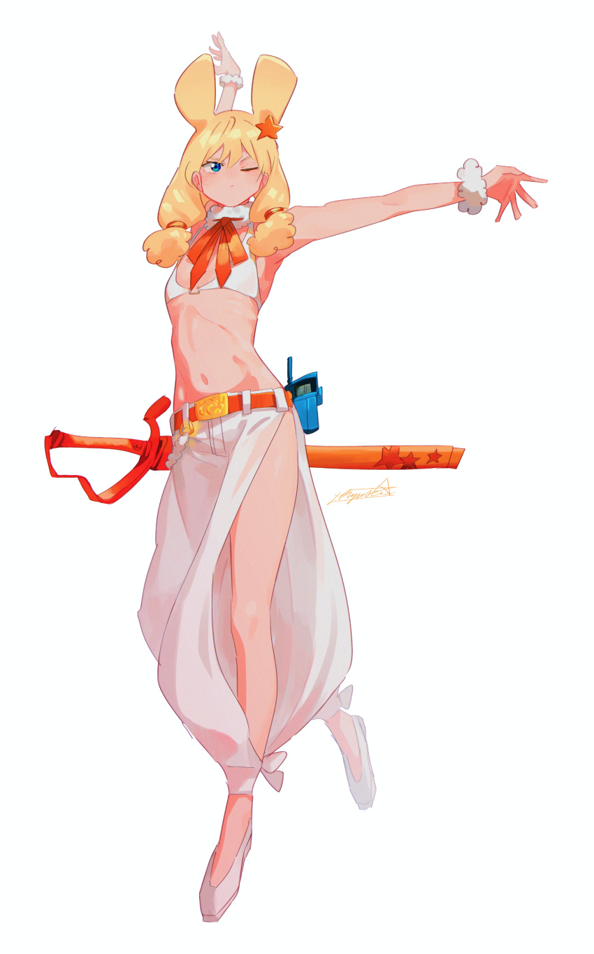 1girl absurdres animal_ears arm_up belt belt_buckle bikini blonde_hair blue_eyes buckle closed_mouth hair_ornament highres long_hair navel one_eye_closed orange_nails original rabbit_ears ryusei_hashida sheath sheathed signature simple_background solo star star_hair_ornament star_print swimsuit sword thighs weapon white_background white_footwear