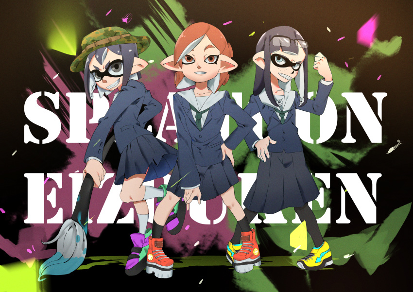 3girls absurdres asakusa_midori black_eyes black_hair black_legwear blazer blue_eyes brown_eyes brown_hair bucket_hat camouflage_headwear crossover eizouken_ni_wa_te_wo_dasu_na! fang freckles grin hat highres huge_filesize inkling jacket kanamori_sayaka long_hair looking_at_viewer mizusaki_tsubame multiple_girls navy_blue_skirt over-rim_eyewear pantyhose pleated_skirt sanpaku school_uniform semi-rimless_eyewear shoes short_hair skirt smile sneakers socks splatoon_(series) takao_(88499191) tentacle_hair white_legwear