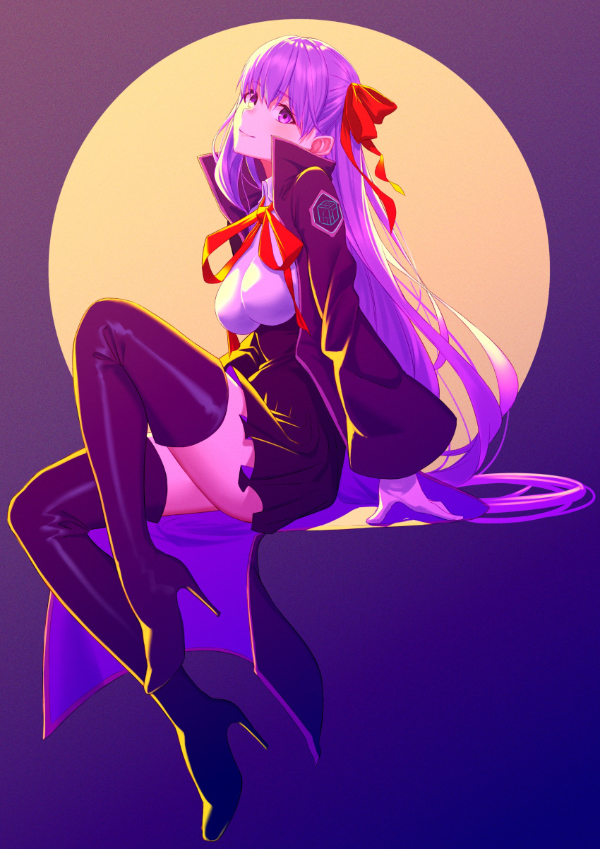 1girl absurdres bb_(fate)_(all) bb_(fate/extra_ccc) boots breasts coat fate/extra fate/extra_ccc fate/grand_order fate_(series) fifty1202 hair_ribbon highres large_breasts long_hair purple_hair ribbon sitting smile thigh-highs thigh_boots very_long_hair violet_eyes wide_sleeves