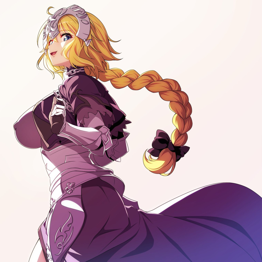 1girl 846-gou armor armored_dress back blonde_hair blue_eyes braid breasts fate/apocrypha fate/grand_order fate_(series) faulds gauntlets headpiece highres jeanne_d'arc_(fate) jeanne_d'arc_(fate)_(all) large_breasts long_braid long_hair single_braid smile standard_bearer thigh-highs very_long_hair violet_eyes