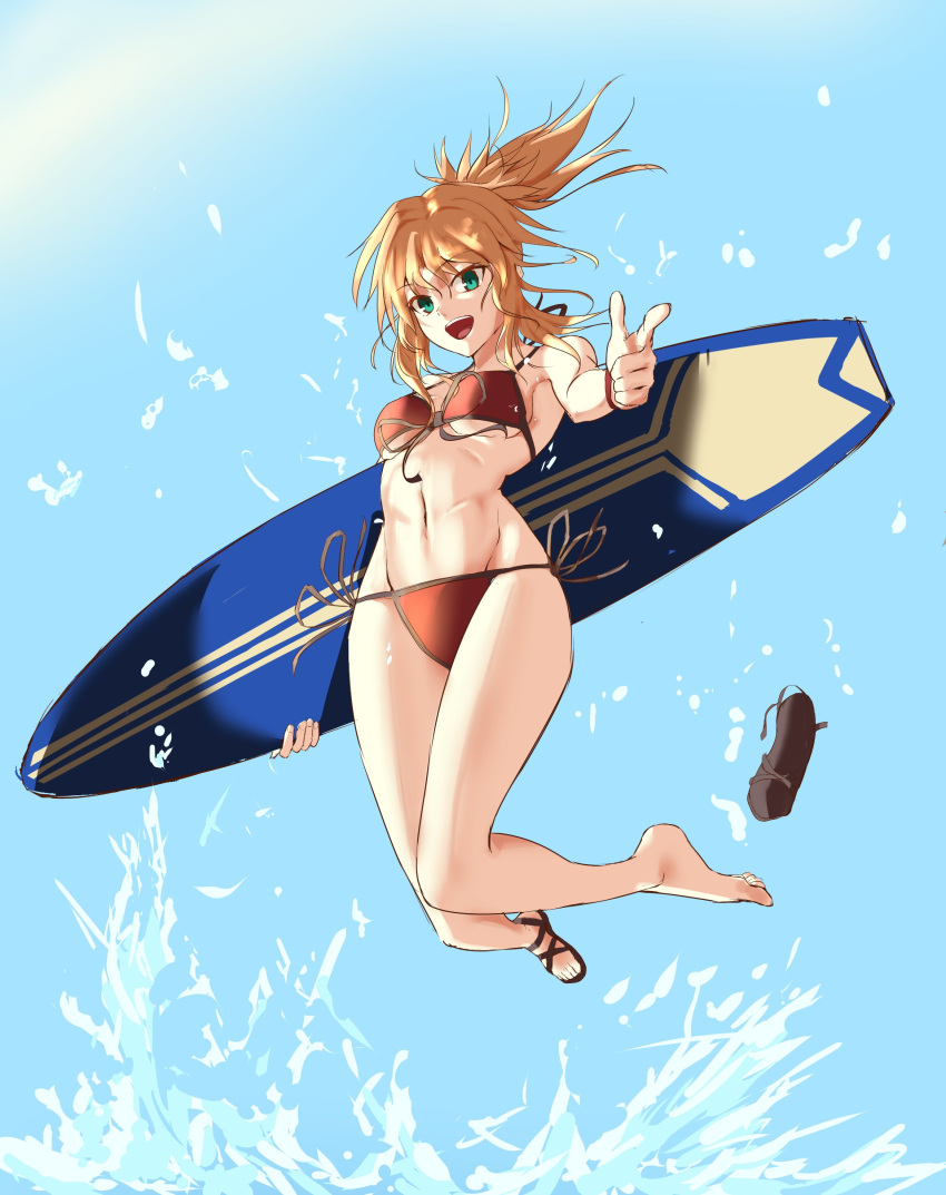 1girl absurdres bikini blonde_hair blue_background breasts commentary_request error fate/grand_order fate_(series) finger_gun from_below green_eyes groin highres jumping looking_at_viewer mordred_(fate)_(all) mordred_(swimsuit_rider)_(fate) navel negajo ponytail red_bikini sandal_removed sandals shoes side-tie_bikini single_shoe small_breasts solo splashing surfboard swimsuit under_boob wrong_feet