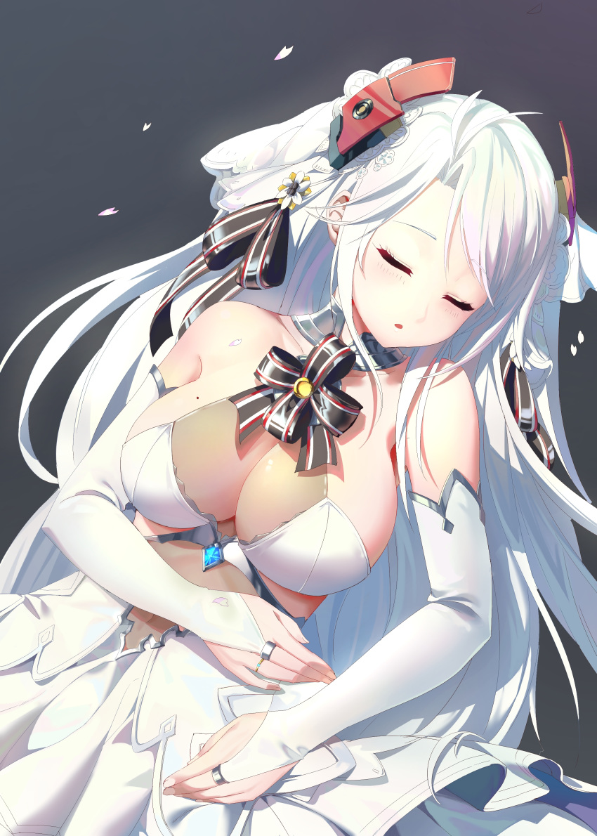 1girl absurdres antenna_hair azur_lane black_background blush breasts bridal_gauntlets bridal_veil closed_eyes dress eyebrows_visible_through_hair finx gloves headgear highres large_breasts long_hair looking_at_viewer mole mole_on_breast multicolored_hair prinz_eugen_(azur_lane) prinz_eugen_(symphonic_fate)_(azur_lane) silver_hair sleeping solo two_side_up veil very_long_hair wedding_dress white_dress