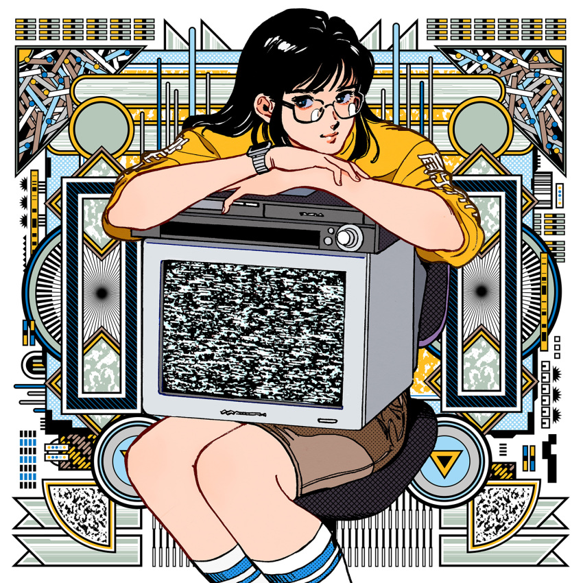 1girl abstract_background bangs black_eyes black_hair brown_shorts chair feet_out_of_frame glasses highres long_hair long_sleeves original shirt shorts sitting smile socks solo static television white_legwear yellow_shirt yoshitake_yamane