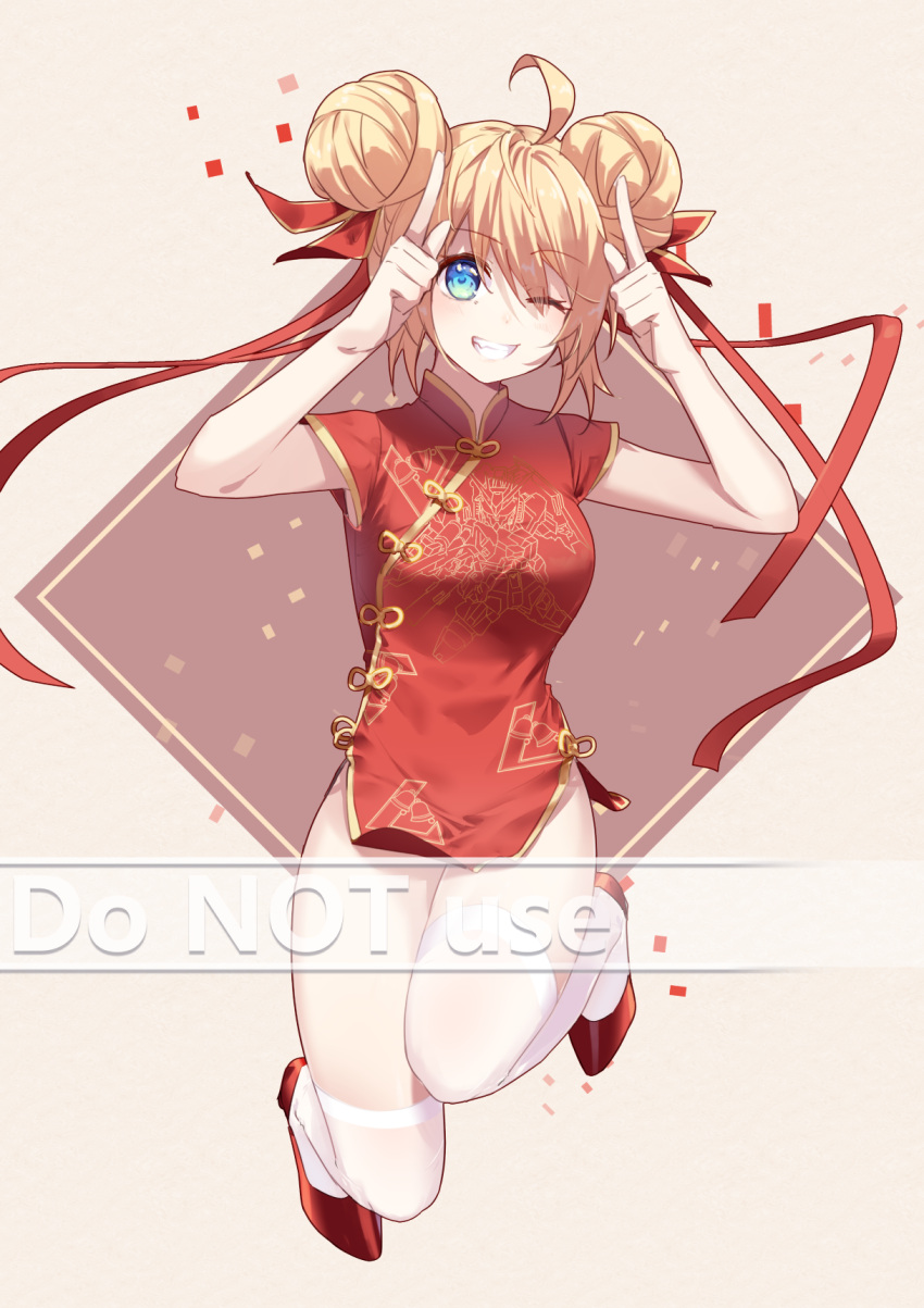 1girl ahoge arms_up bangs blonde_hair blue_eyes blush breasts china_dress chinese_clothes commentary_request double_bun dress english_text eyebrows_visible_through_hair eyes_visible_through_hair full_body grin hair_over_one_eye hair_ribbon highres looking_at_viewer mo_(pixiv9929995) original pelvic_curtain red_dress red_footwear red_ribbon ribbon shoes short_sleeves small_breasts smile thigh-highs watermark white_legwear