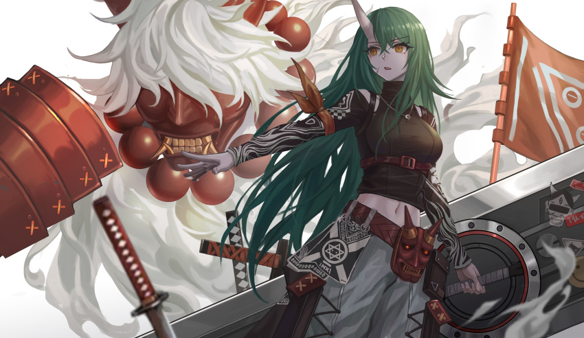 1girl absurdres arknights arm_scarf bangs beads belt cowboy_shot crossed_bangs eyebrows_visible_through_hair facial_scar flag green_hair hand_up highres holding_shield hoshiguma_(arknights) katana long_hair long_sleeves looking_to_the_side multiple_swords navel oni_horns oni_mask parted_lips scar shield solo standing sword weapon white_background yellow_eyes zhai