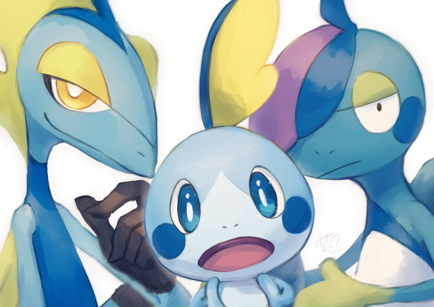 :o absurdres blue_eyes blush_stickers closed_mouth commentary_request drizzile gen_8_pokemon half-closed_eyes highres inteleon looking_at_viewer no_humans oomura_saki open_mouth pokemon pokemon_(creature) signature simple_background sobble upper_body white_background yellow_eyes