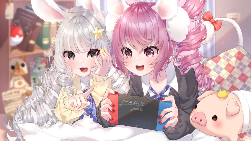 2girls absurdres animal_ears bed black_sweater book bookshelf cat_ears cat_tail curly_hair drill_hair elin_(tera) fang grey_eyes hair_ornament hairclip hand_on_own_cheek highres kaname_warabi long_hair lying multiple_girls nail_polish nintendo_switch on_stomach open_mouth pillow pink_eyes pink_hair playing_games pointing poke_ball rabbit_ears shirt silver_hair smile stuffed_toy sweater tail tera_online twintails very_long_hair white_shirt yellow_sweater