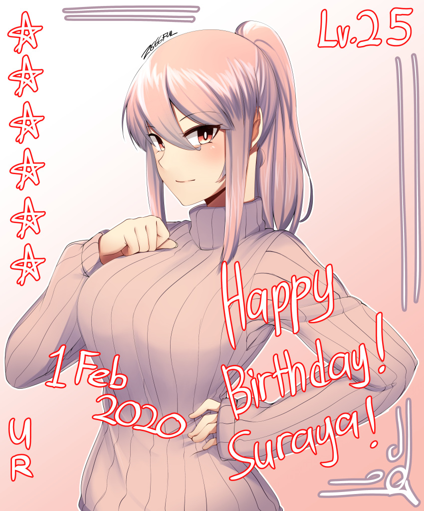 1girl absurdres blush breasts bright_pupils character_name closed_mouth english_commentary eyebrows_visible_through_hair fingernails gradient gradient_background grey_sweater hair_between_eyes hand_on_own_chest hand_up highres large_breasts long_hair long_sleeves looking_at_viewer nas_(z666ful) original pink_background pink_hair ponytail red_eyes ribbed_sweater signature smile solo standing suraya_(z666ful) sweater upper_body