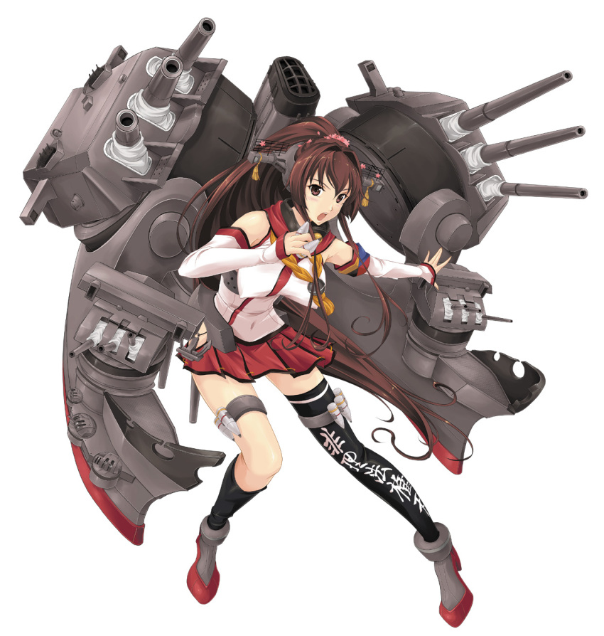 1girl anchor black_legwear breasts brown_hair cannon commentary_request detached_sleeves flower hair_flower hair_ornament headgear highres hip_vent kantai_collection large_breasts long_hair map_(blue_catty) miniskirt open_mouth pleated_skirt ponytail red_skirt rigging shell simple_background single_thighhigh skirt smokestack solo thigh-highs translation_request turret white_background yamato_(kantai_collection) z_flag