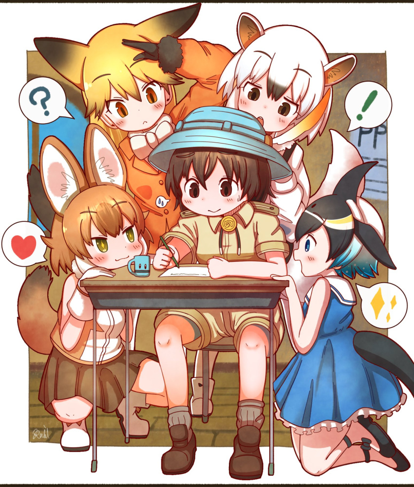 1boy 4girls animal_ears anteater_ears anteater_tail black_fur black_gloves black_hair blonde_hair blue_dress blue_hair blush bow bowtie brown_eyes brown_hair bucket_hat captain_(kemono_friends_3) collared_shirt commentary_request common_dolphin_(kemono_friends) dark_skin desk dhole_(kemono_friends) diamond-shaped_pupils dog_ears dog_girl dog_tail dolphin_tail dorsal_fin dress epaulettes extra_ears eyebrows_visible_through_hair ezo_red_fox_(kemono_friends) fox_ears fox_girl fox_tail frilled_dress frills fur_trim gloves green_eyes hair_between_eyes hat heart highres jacket japari_symbol kemono_friends kemono_friends_3 khakis kneeling light_brown_hair long_hair long_sleeves looking_at_another multicolored_hair multiple_girls open_mouth orange_hair orange_jacket pleated_dress pleated_skirt rakugakiraid sailor_collar shirt shoe_bow shoes short_hair short_sleeves shorts sitting skirt sleeveless socks southern_tamandua_(kemono_friends) spoken_heart squatting sweatdrop symbol-shaped_pupils tail uniform vest white_gloves white_hair white_neckwear writing yellow_eyes